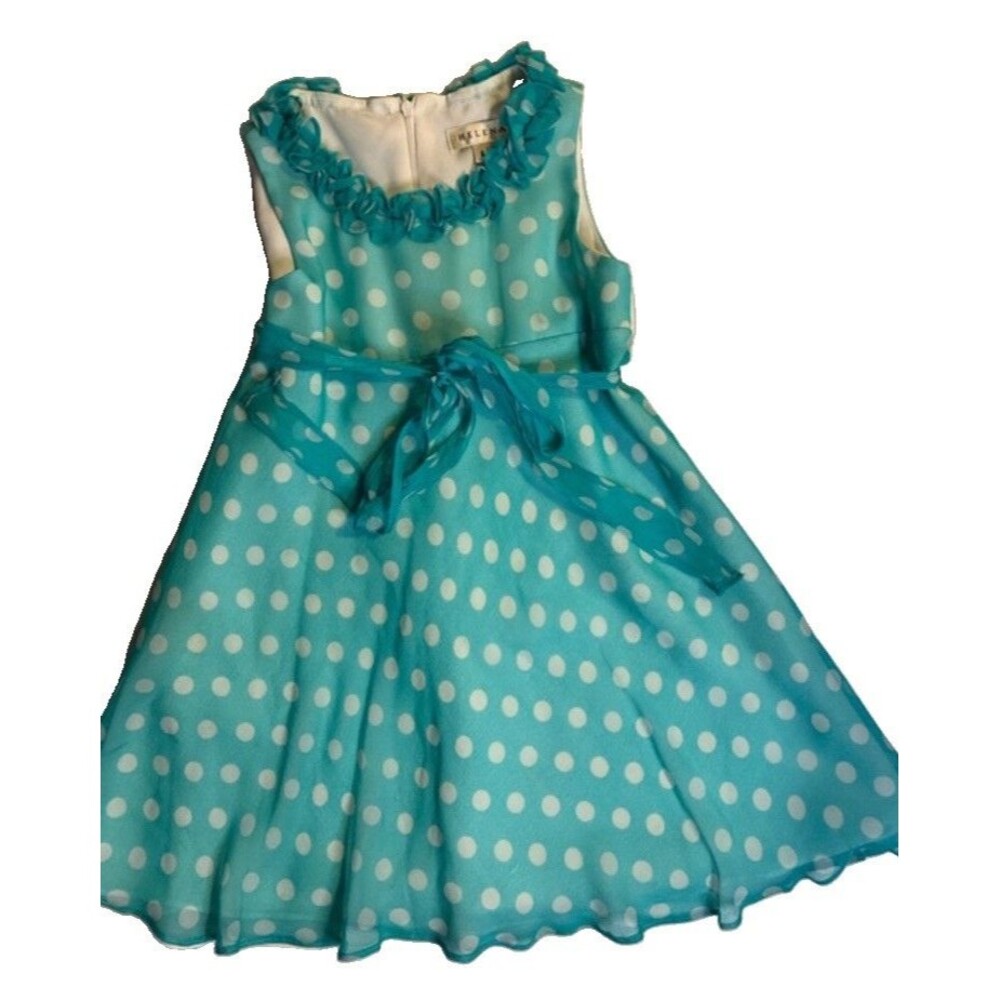 Helena Girls Aqua Polka Dot Silk Chiffon Lined Party Dress Size 6